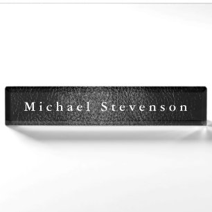 Black Leather Effect Elegant Modern Desk Nameplate