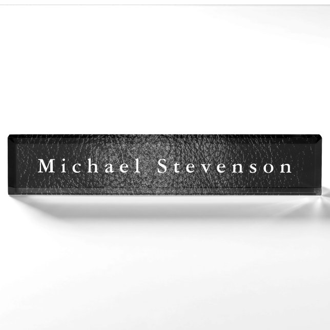 Black Leather Effect Elegant Modern Desk Nameplate (Front)