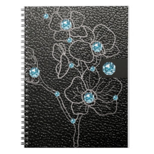 black leather fake style with grey flowers and notebook