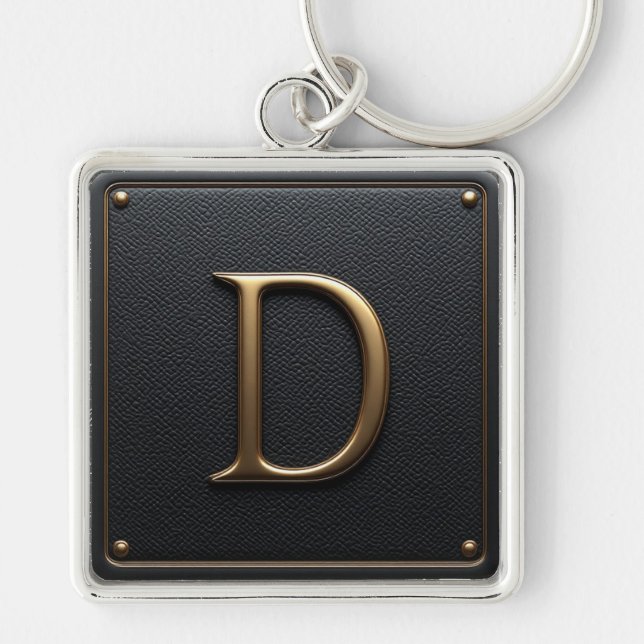 🔑 Black Leather Gold D Initial Frame Emblem 🟡 Keychain (Front)