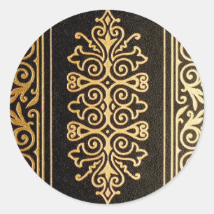 Black Leather Gold Embossed Pattern Classic Round Sticker