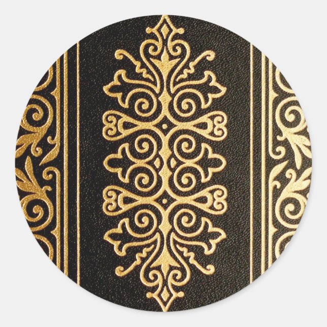 Black Leather Gold Embossed Pattern Classic Round Sticker (Front)