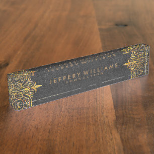 Black Leather Gold Foil Lace Frame Nameplate