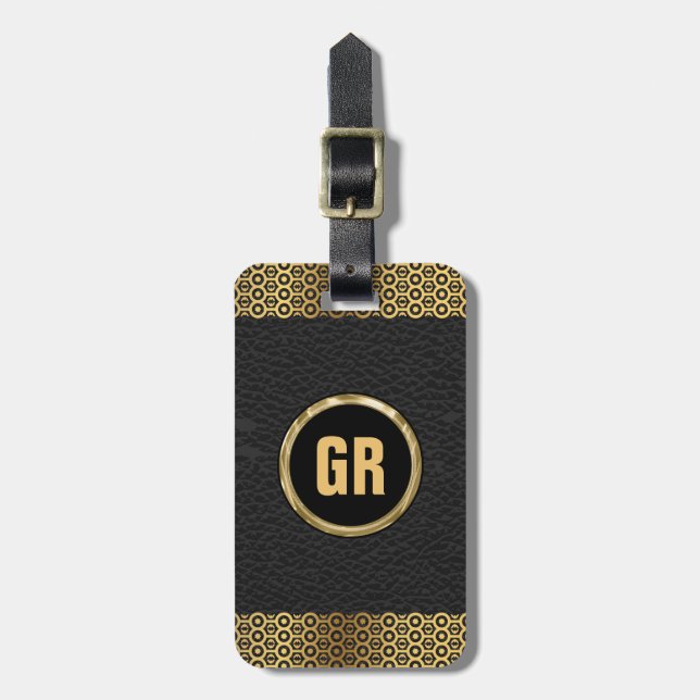 Black Leather Gold Geometric Border Luggage Tag (Front Vertical)