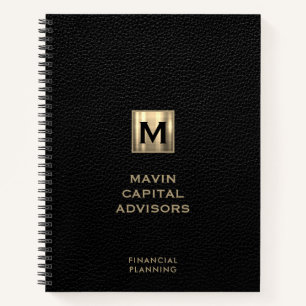 Black Leather Gold Initial Logo Notebook
