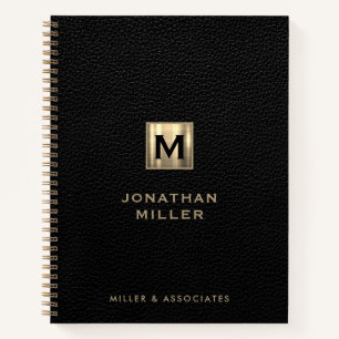 Black Leather Gold Initial Logo Notebook