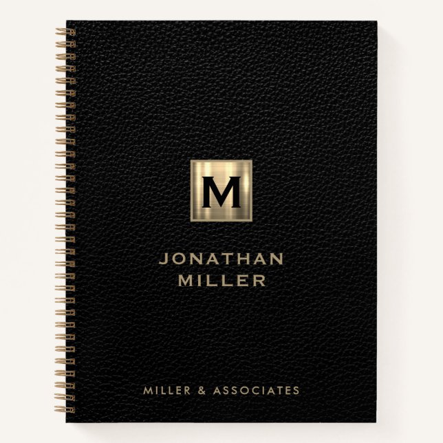 Black Leather Gold Initial Logo Notebook (Front)