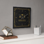Black Leather Gold Justice Scale Vintage Frame Square Wall Clock<br><div class="desc">Simple black vintage leather texture image with a gold-tone justice logo illustration. Vintage gold frame.
Other justice logos are available. Replace the current logo with yours,  or keep it as is.</div>