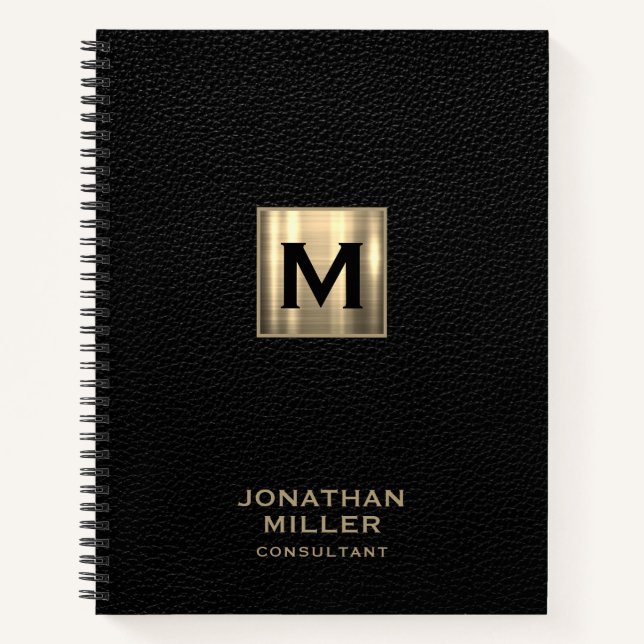 Black Leather Gold Monogram Notebook (Front)