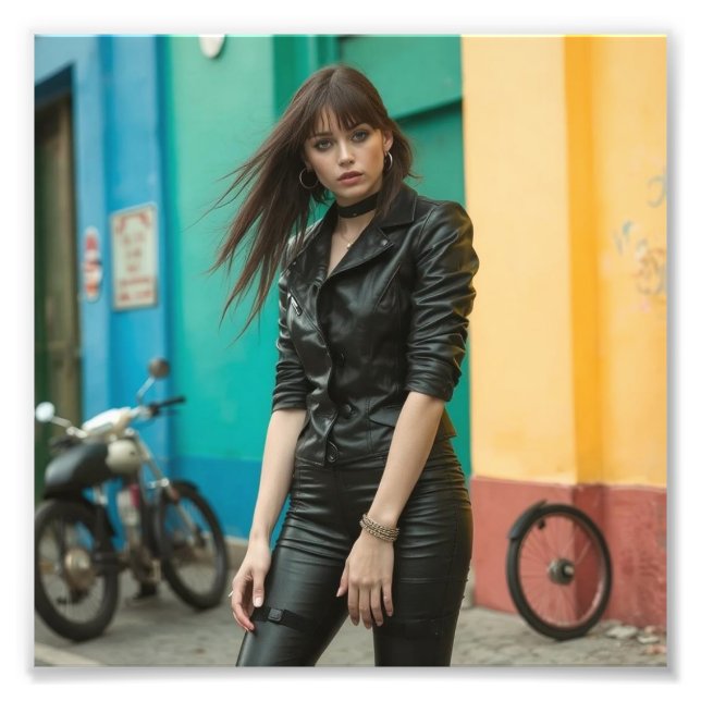Black Leather Goth Babe Against Colorful Street Photo Print (Front)