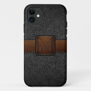 Black leather look brown tag iPhone 11 case
