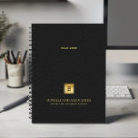 Black Leather Look Gold Business logo and name Planner<br><div class="desc">Stay organized and elevate your professional image with our Custom Spiral Planner, featuring a refined Black leather-look design that combines sophistication with functionality. A customizable square space on the cover allows you to prominently display your business logo over a gold texture while two additional lines of editable text offer room...</div>