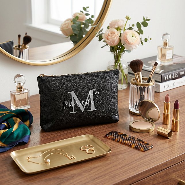 Black leather look personalized accessory pouch (Creator Uploaded)