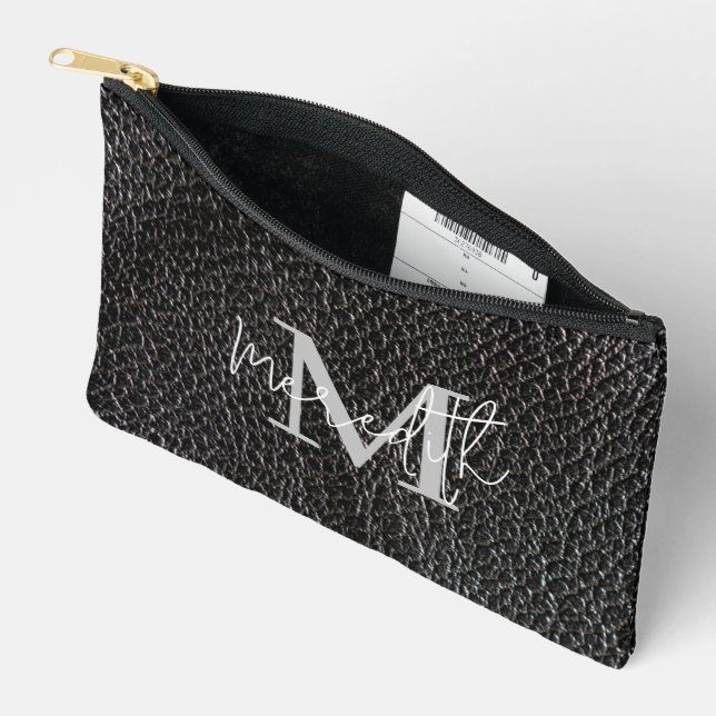 Black leather look personalized accessory pouch (Open)