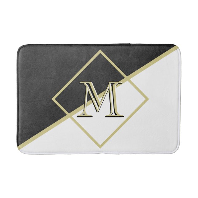 Black Leather Look White Gold 3 Colour Monogram  Bath Mat (Front)