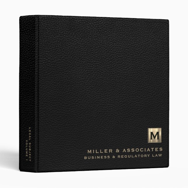 Black Leather Luxury Gold Initial Logo Binder (Front/Spine)