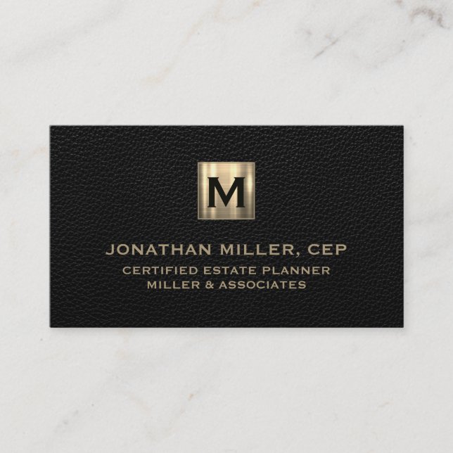 Black Leather Luxury Gold Initial Logo Business Card (Front)