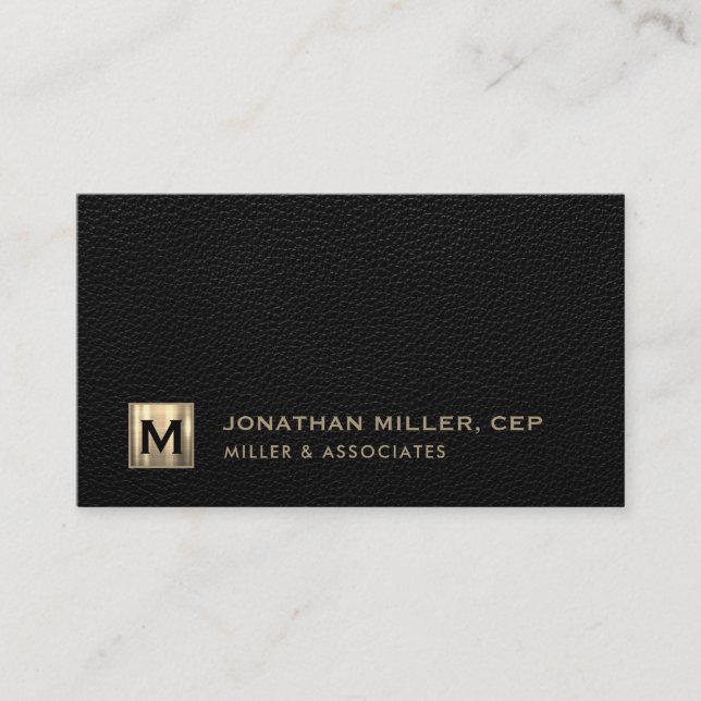 Black Leather Luxury Gold Initial Logo Business Card (Front)