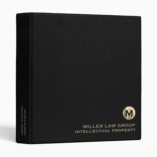 Black Leather Luxury Gold Initial Subject Binder (Front/Spine)