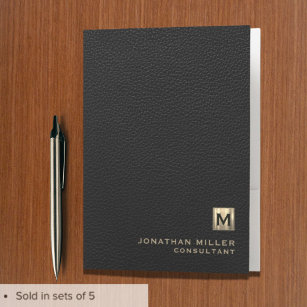 Black Leather Luxury Gold Monogram Pocket Folder