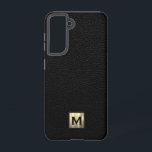 Black Leather Luxury Gold Monogram Samsung Galaxy Case<br><div class="desc">Simple luxury monogrammed phone case features a modern design with brushed metallic gold monogram emblem on black leather look textured background. </div>