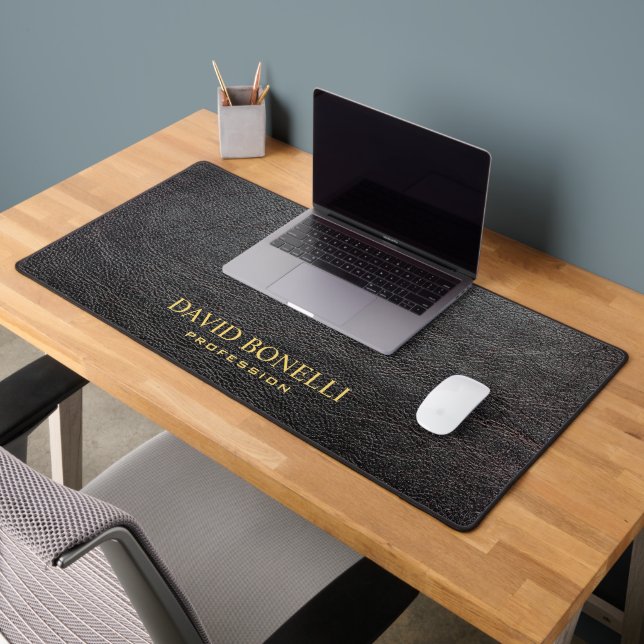 BLACK Leather Masculine Personalized Elegant NAME Desk Mat (Office 2)