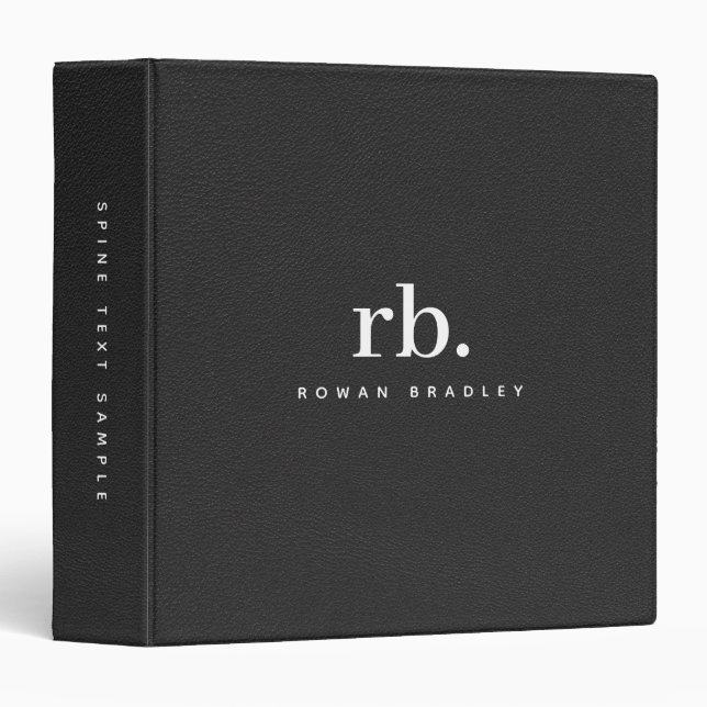 Black Leather Minimalist Personalized Monogram Binder (Front/Spine)