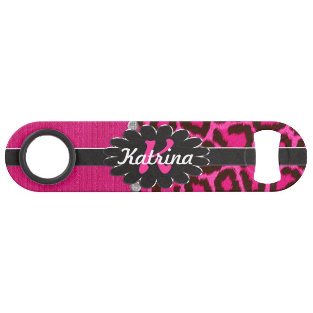 Black Leather Monogram on Pink Cheetah Bar Key (Front (Horizontal))
