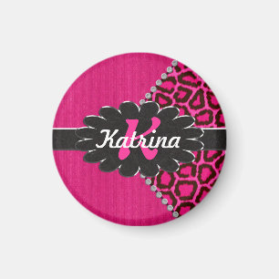 Black Leather Monogram on Pink Cheetah Magnet