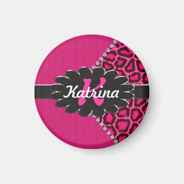 Black Leather Monogram on Pink Cheetah Magnet (Front)