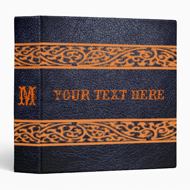 Black Leather Orange Damask Border Binder (Front/Spine)