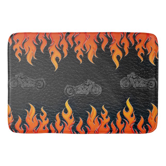 Black Leather Orange Flames Hot Fire Motorcycle Bath Mat (Front)