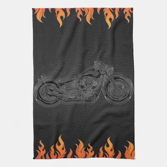 Black Leather Orange Flames Hot Fire Motorcycle Kitchen Towel (Vertical)