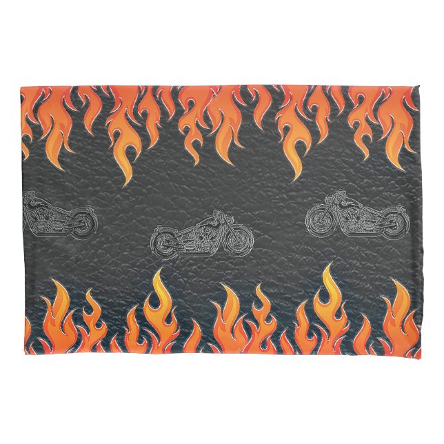 Black Leather Orange Flames Hot Fire Motorcycle Pillowcase (Front)