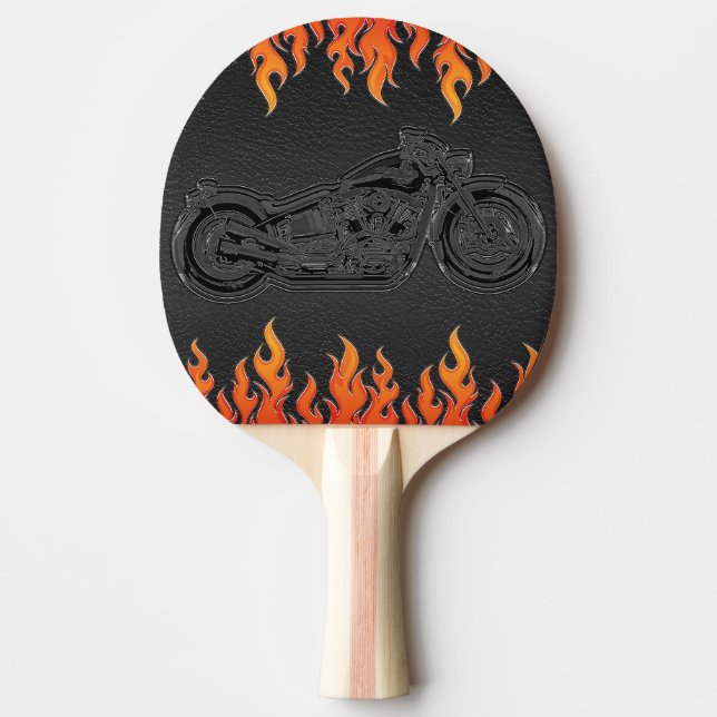 Black Leather Orange Flames Hot Fire Motorcycle Ping Pong Paddle (Front)