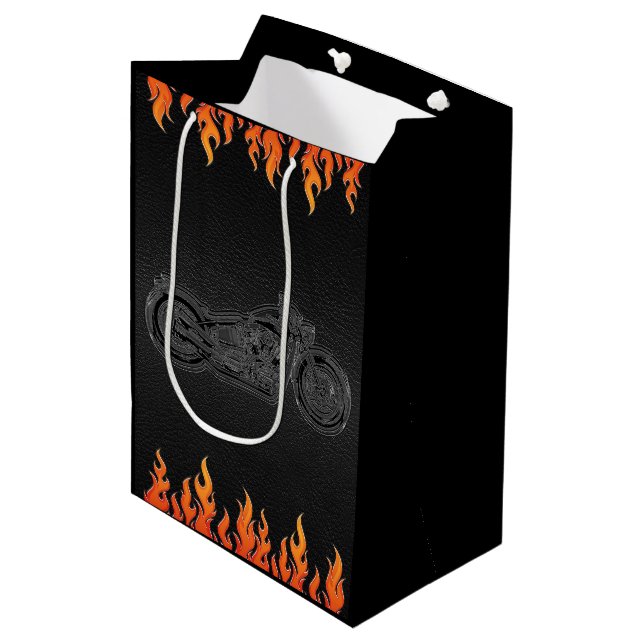 Black Leather Orange Flames Motorcycle Biker Party Medium Gift Bag (Front Angled)