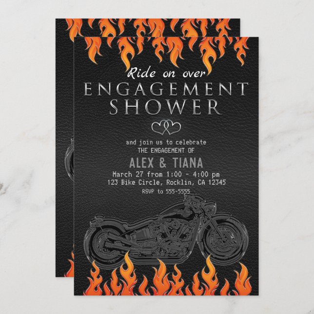 Black Leather Orange Flames Motorcycle Engagement Invitation (Front/Back)