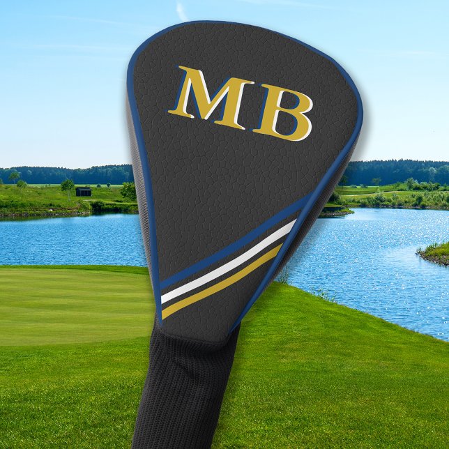 Black Leather Personalized Monogram Gold Stripes Golf Head Cover (Creator Uploaded)