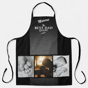 Black Leather Print Best Dad Ever 3 Photo Collage Apron