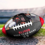 Black Leather Print Red PlayerNumber Team Photo Football<br><div class="desc">Black Leather Print Red Player Name Number Team Photo Football. Personalize it with your photo, player`s name, number, team name and year. The text is trendy white and red typography on a black leather printed background with red stripes. You can change any text on the football or erase it. A...</div>