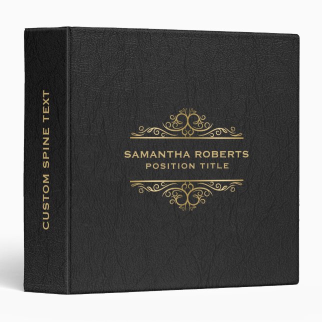 Black Leather Print Vintage Gold Frame  Binder (Front/Spine)