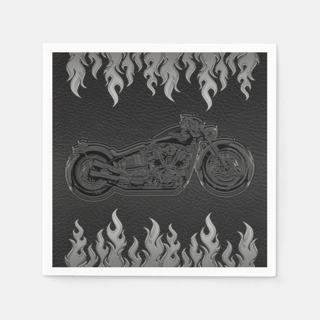 Black Leather Silver Chrome Motorcycle Biker Party Napkin (Front)