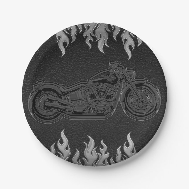 Black Leather Silver Chrome Motorcycle Biker Party Paper Plate (Front)