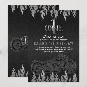 Black Leather Silver Motorcycle 1 ONE 1ST Birthday Invitation