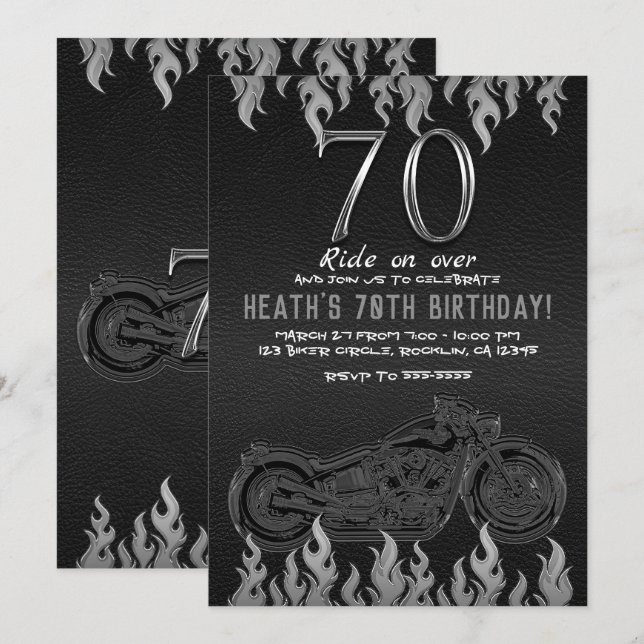 Black Leather Silver Motorcycle 70TH 70 Birthday Invitation (Front/Back)