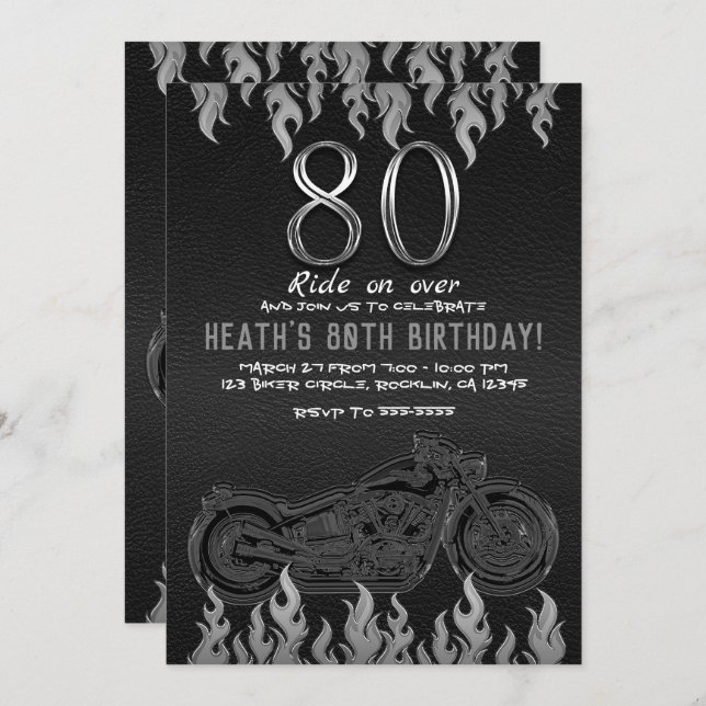 Black Leather Silver Motorcycle 80TH 80 Birthday Invitation (Front/Back)