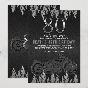 Black Leather Silver Motorcycle 80TH 80 Birthday Invitation