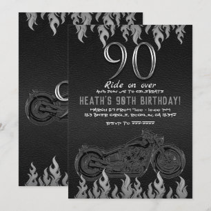 Black Leather Silver Motorcycle 90TH 90 Birthday Invitation