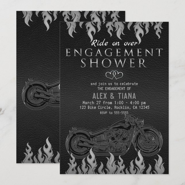 Black Leather Silver Motorcycle Engagement Shower Invitation (Front/Back)