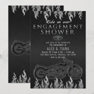 Black Leather Silver Motorcycle Engagement Shower Invitation